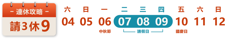 中秋節+國慶日 連假3+3天